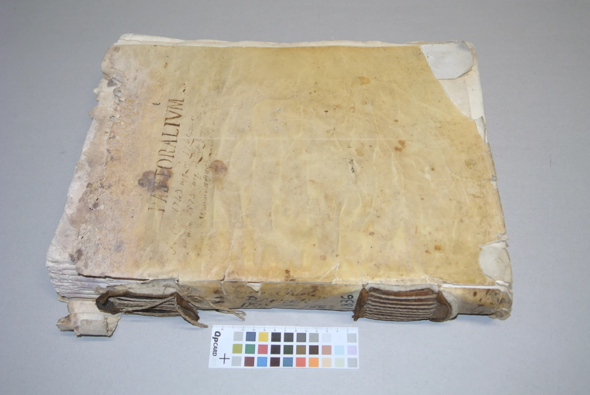 Legatura d'archivio con lacerazioni e filo di cucitura spezzato prima del restauro